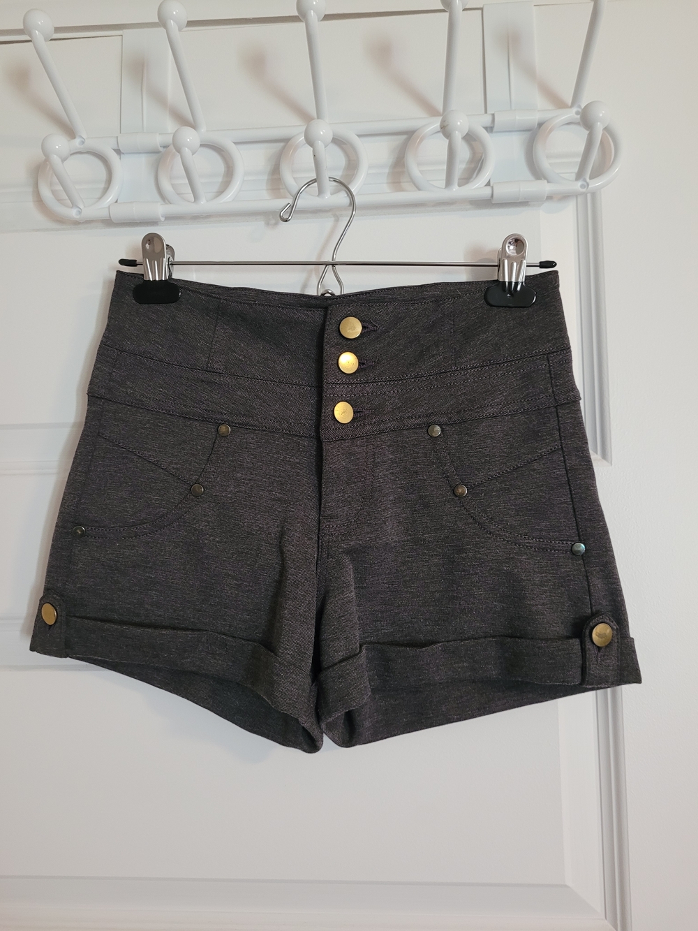 Ci Sono Dark Gray High-Waist Shorts with Gold Buttons